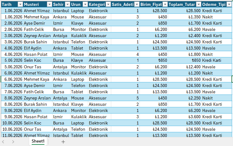 Clean Excel table screenshot